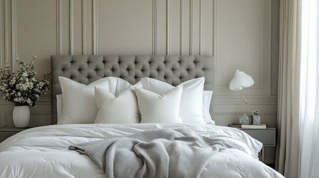 Elegant bedroom with tufted headboard, neutral tones, and floral decor