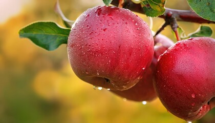  Fresh red apples glistening with dew, hanging on a tree branch against a blurred, vibrant background
