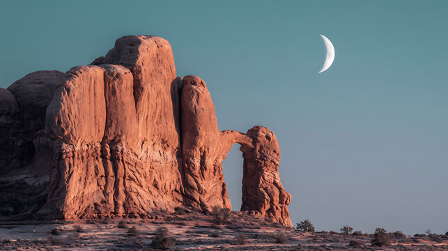 Red rock formation with natural arch and crescent moon in clear blue sky during blue hour, creating serene and majestic desert landscape scene