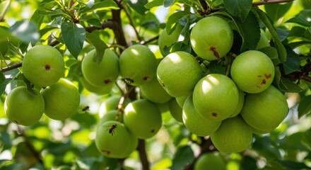 Cluster of green pears on tree branches