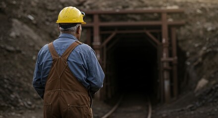 An older man, a miner, stands with his back to the camera, wearing a hard hat and overalls, looking into the dark entrance of a mine tunnel with train tracks leading inside.