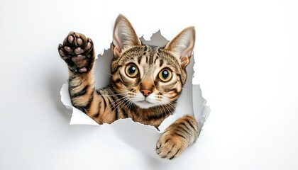cat tearing through a white paper background and reaching out, isolated on white