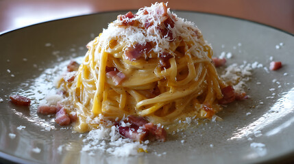 Creamy pasta carbonara with grated cheese and crispy pancetta on ceramic plate, showcasing rich texture and savory flavors in close up food photography style