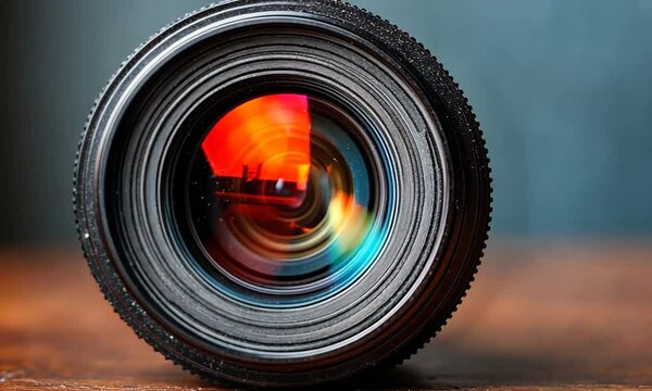 Close-up of a camera lens resting on a wooden surface, showcasing intricate details and reflections