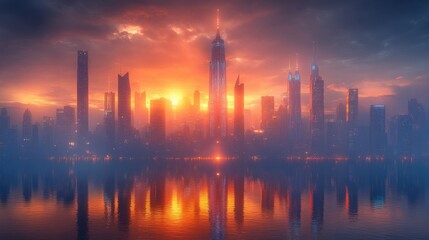 Fototapeta premium Stunning Cityscape at Sunset Modern Architecture Urban Skyline Reflection Water Orange Sky