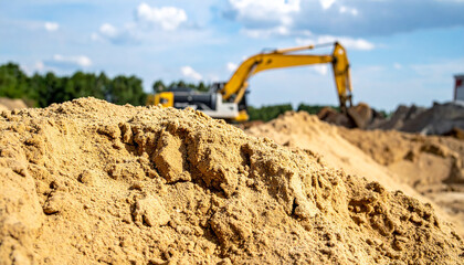 Pile of sand at construction site. Blurred excavator working on backdrop.