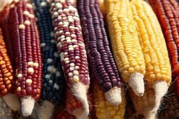 Colorful ear of corn varieties displayed at a local farmers market during the harvest season showcasing agricultural diversity and local produce