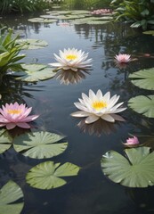 Soft pink and white water lilies, floating on calm water, garden setting , art, subtle, illustration