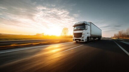 Heavy truck travels along open highway at sunrise, showcasing the beauty of early morning travel and the readiness of logistics