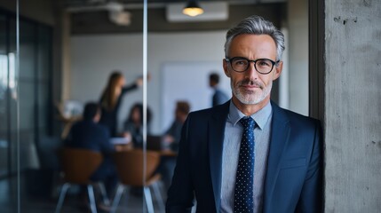 Naklejka premium Business meeting in a modern office with a confident man in formal attire and team collaboration in the background