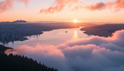 City sunrise through clouds