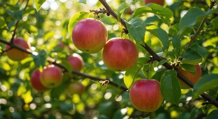 Fresh red fruits on branch in sunny garden