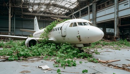 Overgrown abandoned airplane in a dilapidated hangar