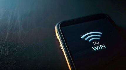 Mobile device displays no WiFi connection alert on screen indicating a loss of internet access in a low-light setting