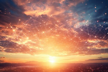 Sunset sky with network connections  Abstract digital lines and glowing points form a network pattern against a vibrant sunset  Low level view of city lights