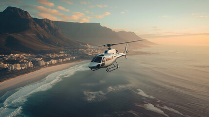 This Private helicopter glides above stunning shoreline and mountains during golden hour.