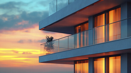Fototapeta premium modern apartment balcony with warm sunset lighting and potted plant creates serene atmosphere