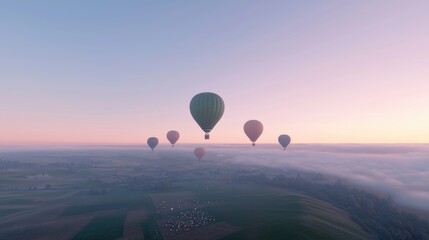 Fototapeta premium Hot air balloons float peacefully over a misty green landscape during a soft pastel sunrise.