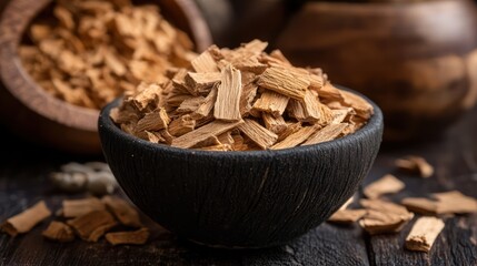 Dried wood chips in dark bowl on wooden table