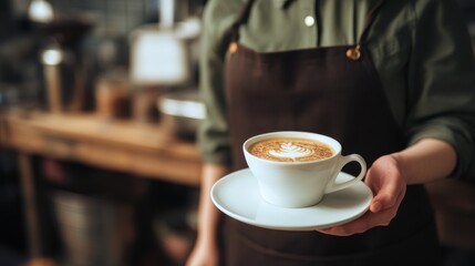Barista presents a finely crafted coffee cup in a cozy cafe setting during the morning rush