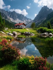Fototapeta premium Serene mountain landscape with a quaint cottage by a calm lake surrounded by blooming flowers and towering peaks in the afternoon light