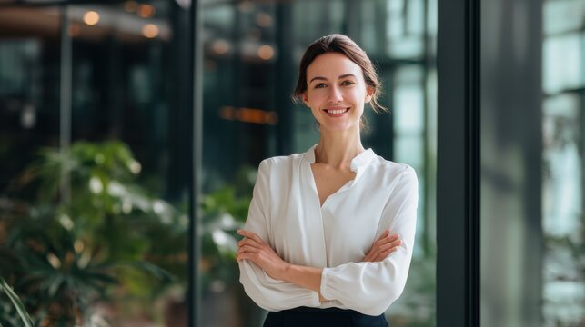 Confident professional woman standing in modern office environment during daytime, radiating positivity and approachability