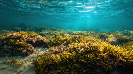 Underwater kelp forest thrives in clear ocean waters showcasing vibrant marine life and sunlight filtering through the surface at midday