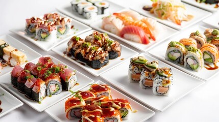 Side view of a vibrant sushi arranged in rows, showcasing an array of colorful rolls and nigiri adorned with fresh fish, avocado, and colorful ingredients