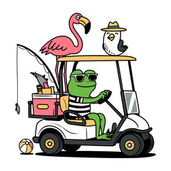 Cool Frog Driving Golf Cart with Flamingo and Seagull Friends on Vacation