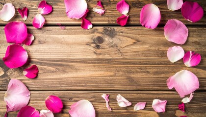 Scattering rose petals rustic wooden table floral arrangement natural light top-down view romantic atmosphere