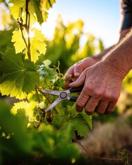 Harvesting grapes in a vineyard during golden hour as sunlight filters through lush green leaves in late summer