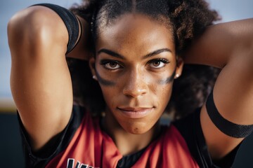 Confident female athlete preparing for a game outdoors during golden hour in a sports uniform with determined expression
