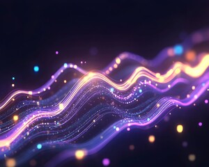 Obraz premium Glowing, wavy lines of light and particles flow across a dark background, creating a dynamic and vibrant abstract composition