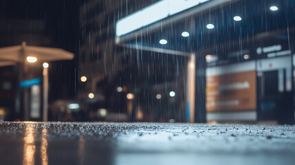 Fototapeta premium Rain falling on wet pavement at night with blurred city lights and illuminated signs creating moody urban atmosphere in downpour