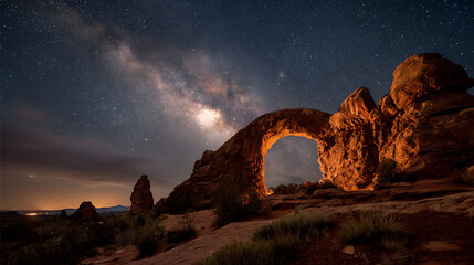 Obraz premium Milky Way galaxy shines brightly over natural rock arch in desert landscape at night, with warm moonlight illuminating rugged terrain and starry sky creating magical atmosphere