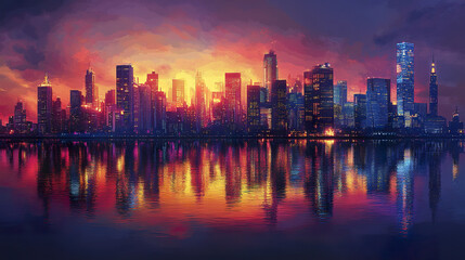 Fototapeta premium vibrant city skyline at sunset, reflecting colorful lights on water surface