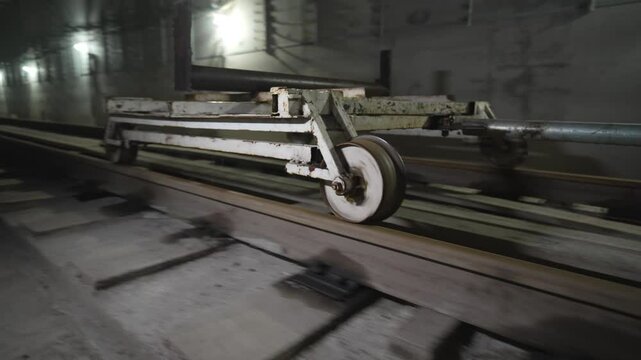 Construction cart rolls smoothly along metro rails deep in metro zone. Wheels clatter quietly in dark tunnel. Cart used to deliver materials