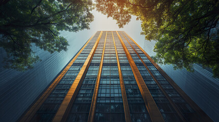 modern high rise building surrounded by lush green trees, showcasing blend of nature