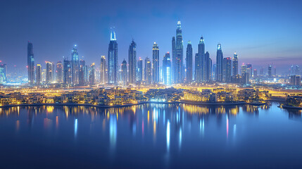 Naklejka premium stunning skyline of modern skyscrapers illuminated at night, reflecting in water