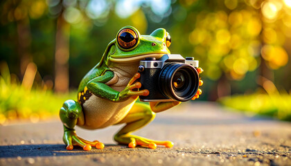 Extreme close-up of a green European tree frog taking a photo with a camera in a blurry outdoor environment in nature. Generative Ai.