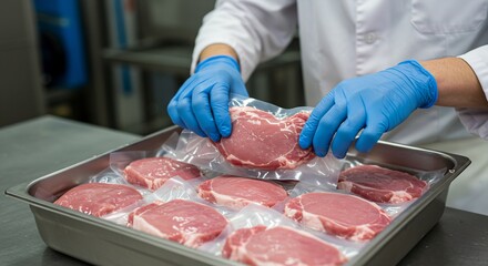 Food Processing Plant Worker in Gloves Packaging Fresh Vacuum-Sealed Pork Chops in Stainless Steel Tray