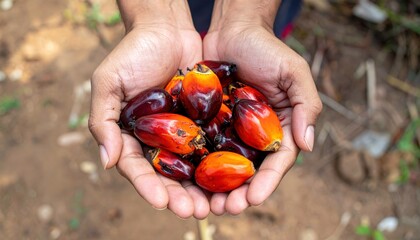 Hand holding red palm oil fruits. Suitable for food and agriculture concepts, sustainable living, healthy eating, and natural skincare themes.
