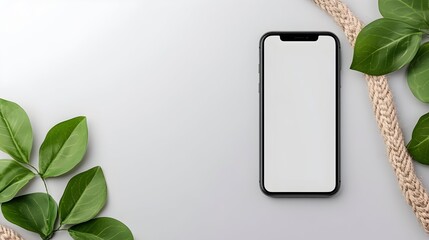 Smartphone with blank screen, framed by lush green leaves and a textured rope on a light gray background
