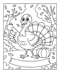 Fototapeta premium Turkey with pumpkin coloring page for kids, black line art vector illustration on white background