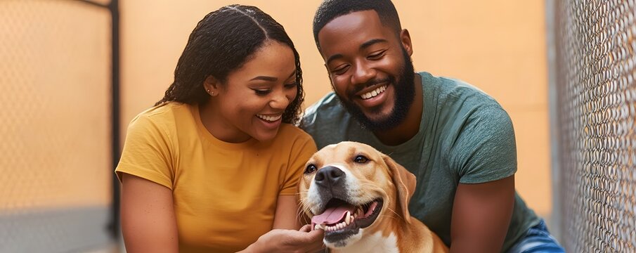 Couple smiling and petting their adorable beagle dog together