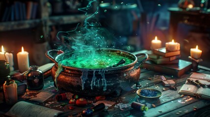 Large witch cauldron with green potion in witch house among candles and witch book and grimoire