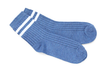 Pair of blue socks isolated on white, top view