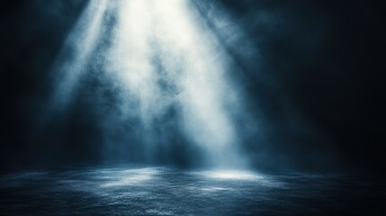 Dramatic spotlight on empty stage with fog and shadows