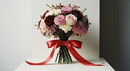 Spring flower bouquet tied with red ribbon on soft background