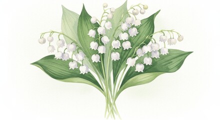 Delicate watercolor lilies of the valley with soft green foliage